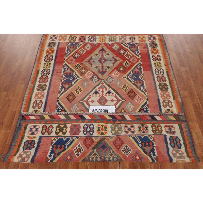Kilim Qashqai Persian Vintage Rug Flatweave Reversible Wool Carpet - 5'3"x 7'9"