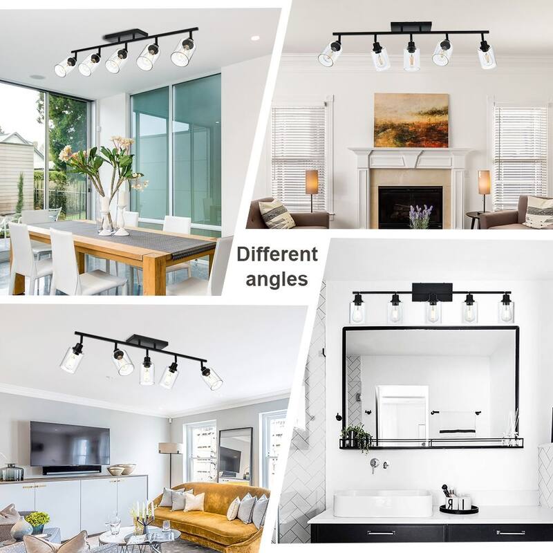 5-Light Vanity Light Bathroom Fixture with Clear Glass Shade, Rotating Metal Ceiling Spotlight Fixture with Track Heads
