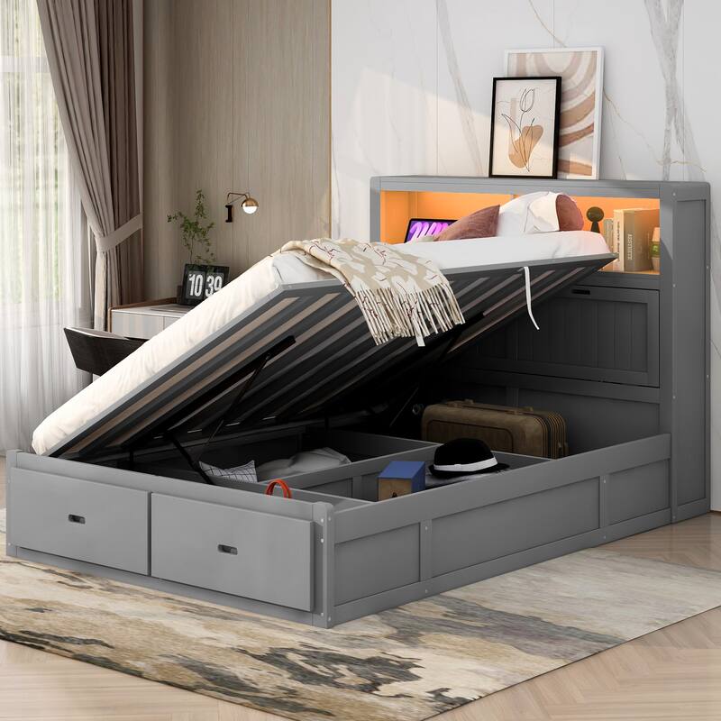 Wooden Bed with LED Storage Headboard, Charging Station, and 2 Drawers - Gray - Queen