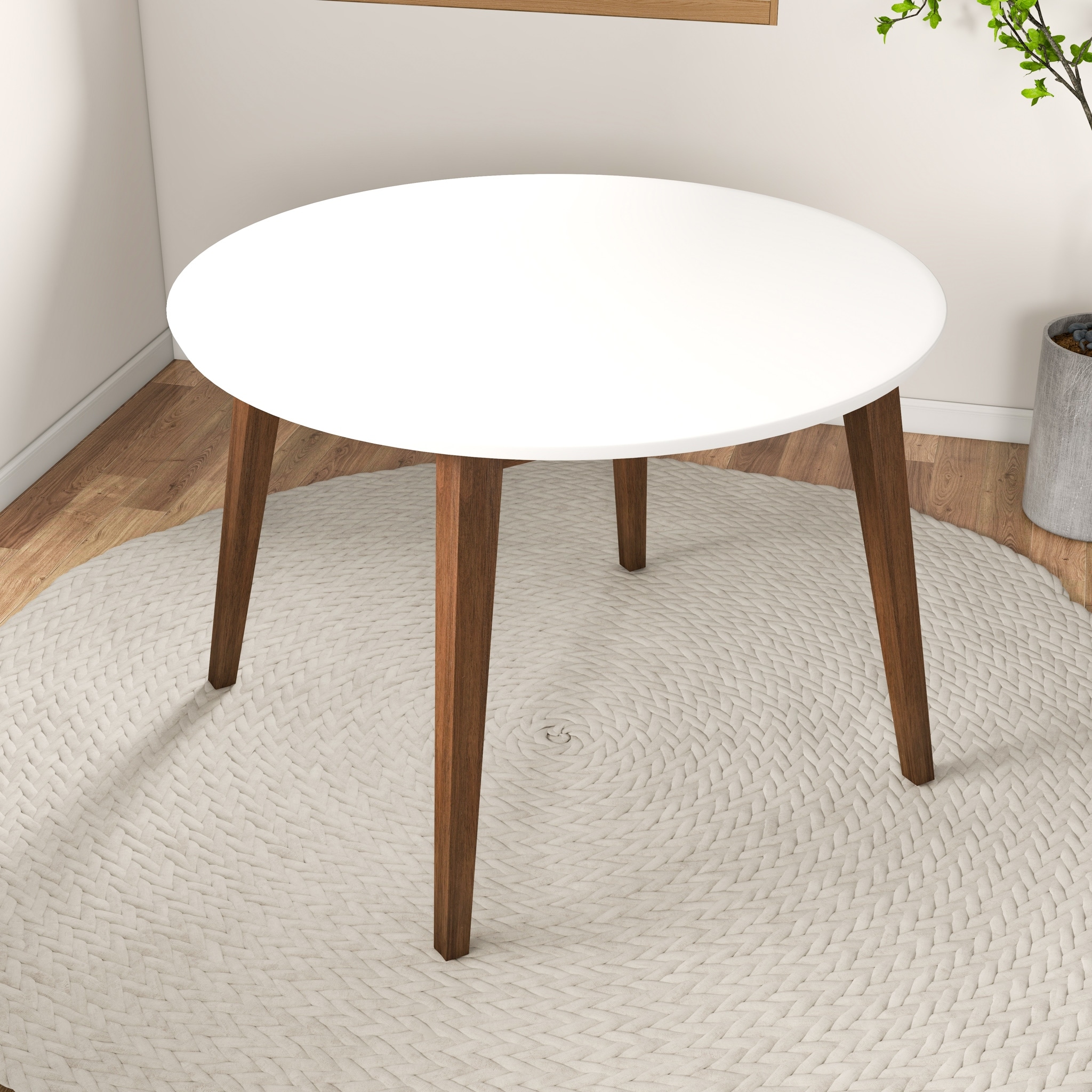 Mid Century Modern Style Solid Wood White Top Round Dining Table - 43" Diameter