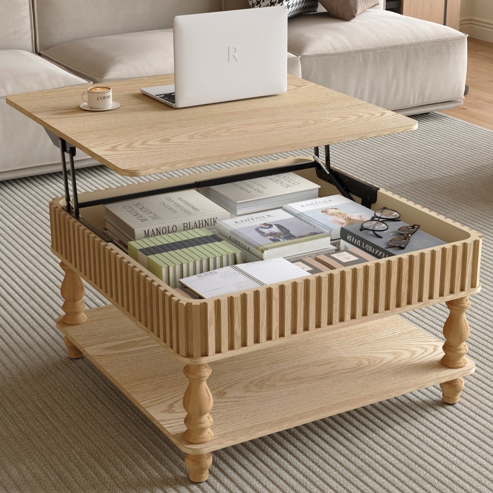 31.5 Inch Square Fluted Lift-Top Coffee Table for Living Room