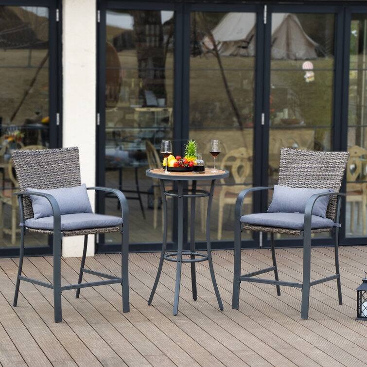 3-Piece Wicker Bar Height Outdoor Dining Set Patio Bar Sets Outdoor Bar Table Bar Stools with Gray Cushions