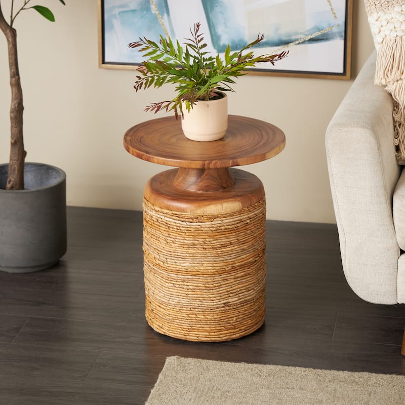 Banana Leaf Handmade Woven Accent Table with Wooden Tabletop - Brown - Roche River Decor - 16"W x 16"L x 20"H