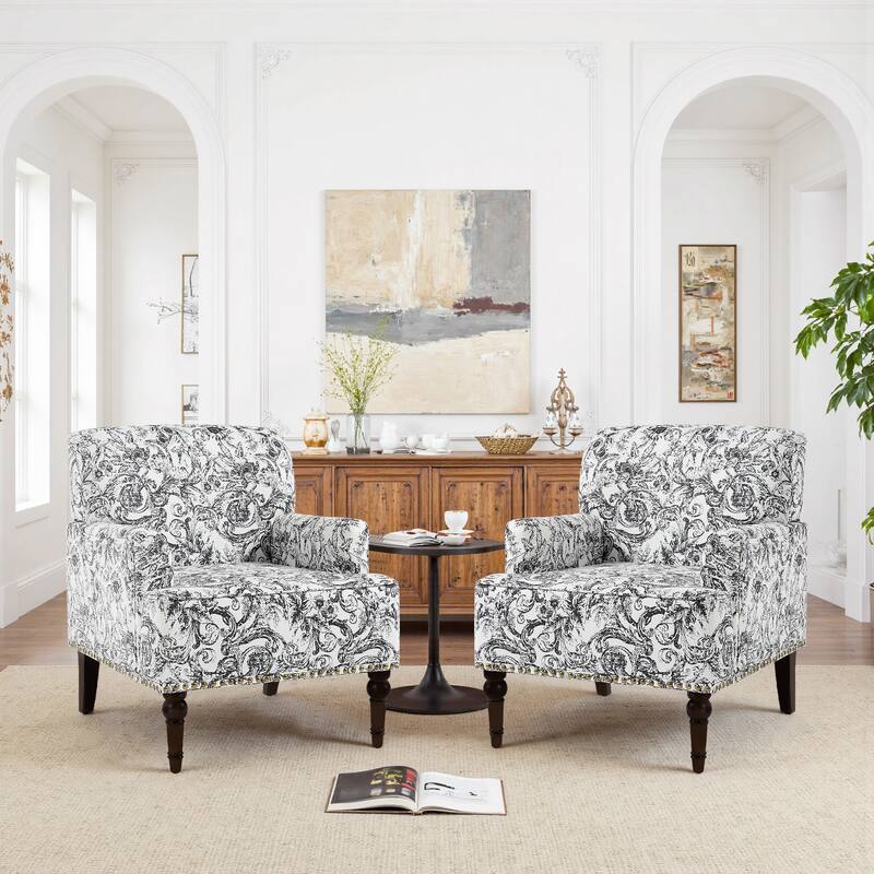 Set 2 Striped Upholstered Linen Armchair with Brass Nailhead Trim