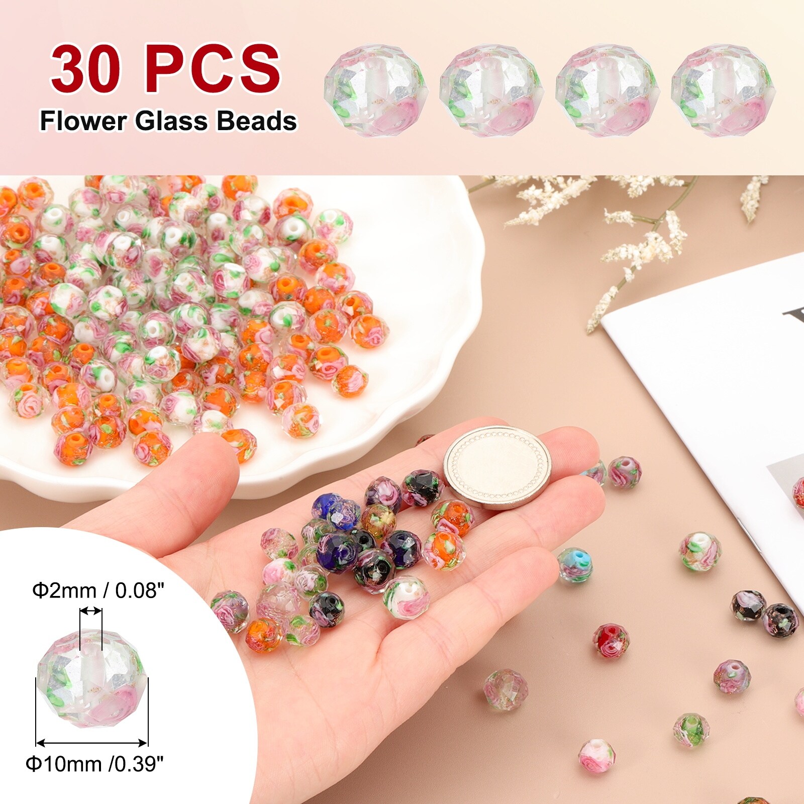 10mm Flower Glass Beads, 30Pcs Handmade Gold Sand Floral Bead Faceted, Purple