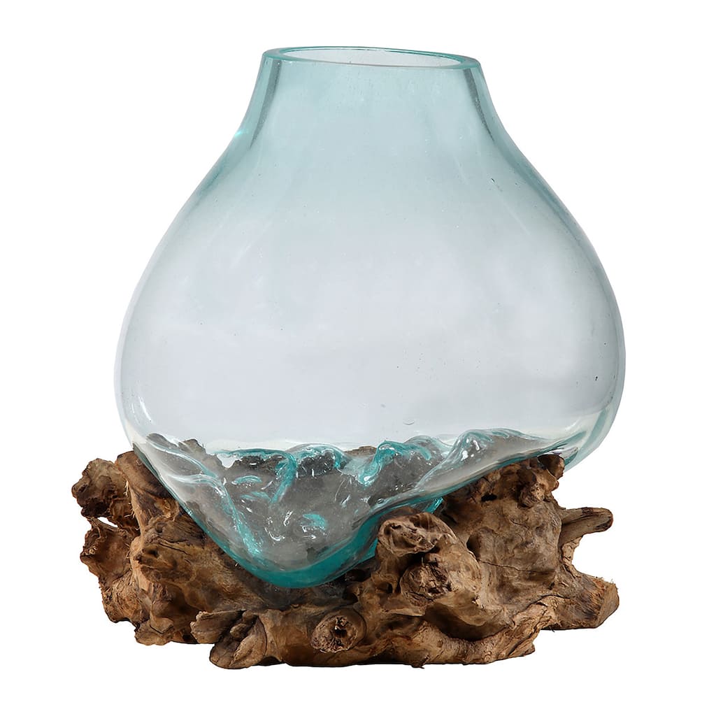 Cristov Natural Teak and Hand Blown Aqua Transparent Glass Tabletop Bowl