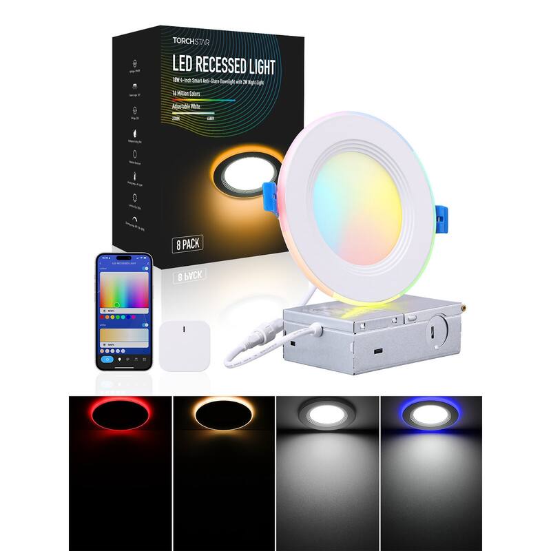 4 Inch CCT LED Recessed Lights with RGBCW Back Light, 5CCT, Dimmable - 4in
