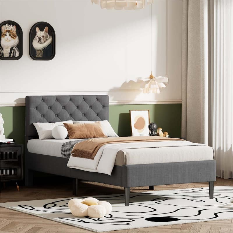 Upholstered Linen Platform Bed - Grey - Twin