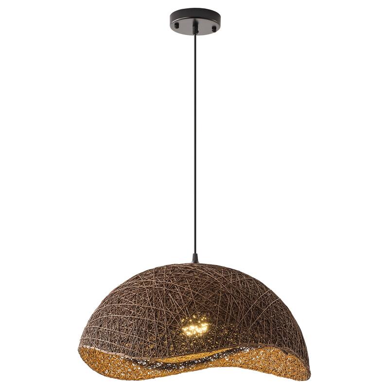 1-Light Boho Brown Rattan Hand-Woven Cloche Hanging Basket Pendant Light - 20.47" W x 12.59" H