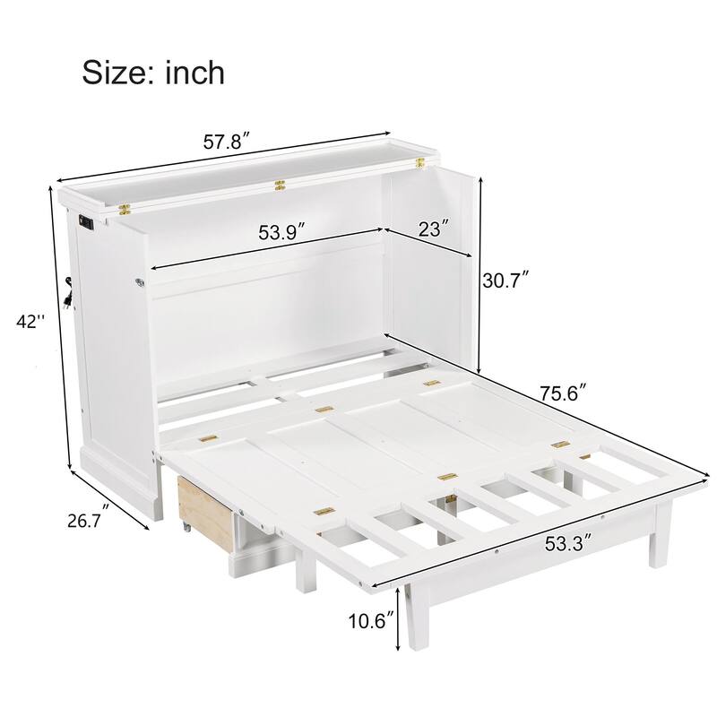 White Full Size Solid Pine Murphy Bed with Charging Station and Large Drawer