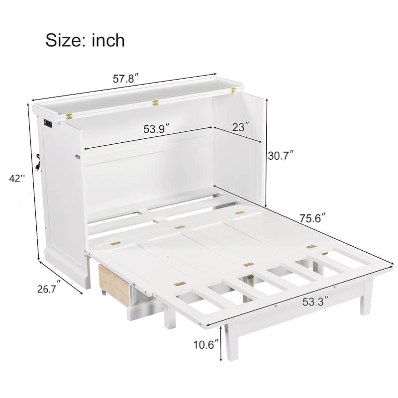 White Full Size Solid Pine Murphy Bed with Charging Station and Large Storage Drawer for Home Office or Small Room