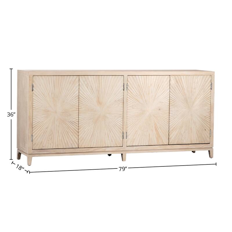 Isabelle 79-inch Pine Light Wash 4-Door Sideboard with Hand Carved Burst Pattern Door Fronts