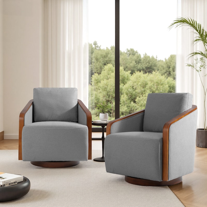 Set of 2 Modern Swivel Accent Barrel Chairs with Wood Arms - LIGHT GREY