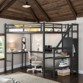 Artsy Full Size Metal Loft Bed with L-shaped Desk and USB, Wardrobe and Adjustable Shelf, with LED for Kids Teens Adults, Black