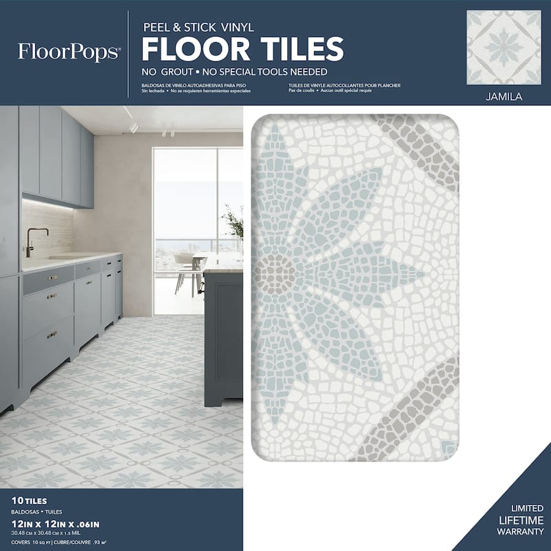 FloorPops Jamila Grey Peel and Stick Floor Tiles