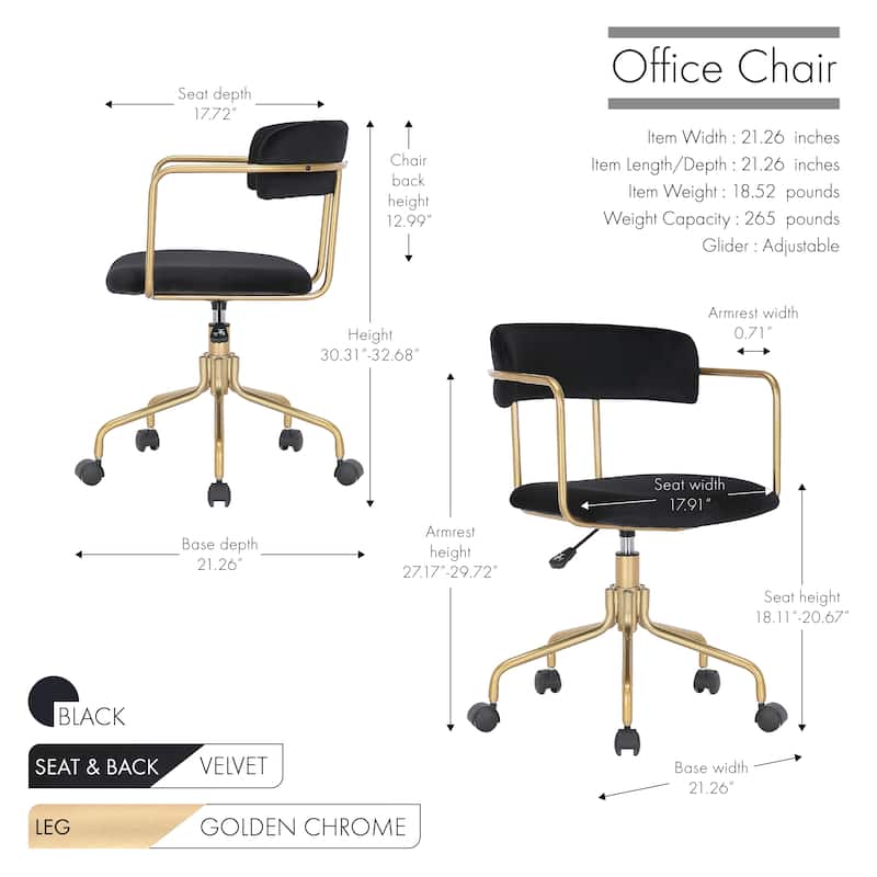 Porthos Home Fynn Office Chair, Velvet, Gold Chrome Frame and Legs