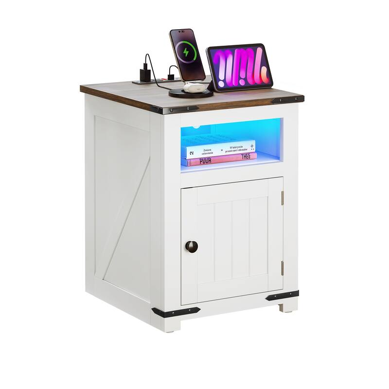 Moasis Farmhouse End Table with Charging Station, Sofa Side Side Table with USB and Storage - White