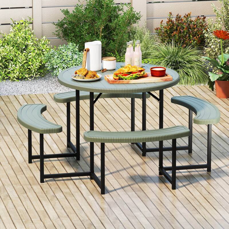 Costway Round Picnic Table Bench Set with 4 Benches Umbrella Hole All - See Details