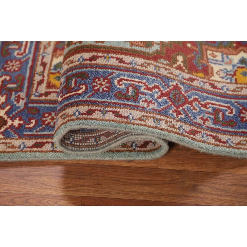 Turquoise Geometric Heriz Serapi Foyer Rug Hand-Knotted Wool Carpet - 3'0"x 4'11"
