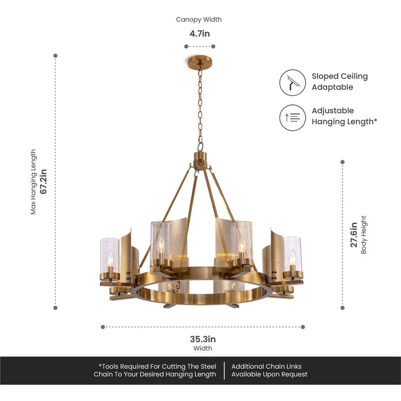 Vidalite Aurelia 8-Light Brass Chandelier, Round Pendant Chandelier Light in Brass Art-Deco Style with Clear Glass Shade