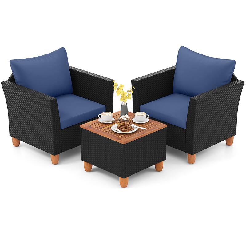 Gymax 3PCS Patio Rattan Conversation Set Outdoor Furniture Set w/ - Blue