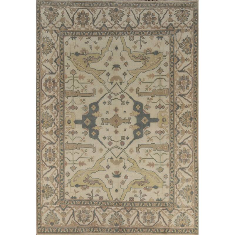 Earth Tone Oushak Indian Area Rug Hand-Knotted Wool Carpet - 7'11" x 10'3"