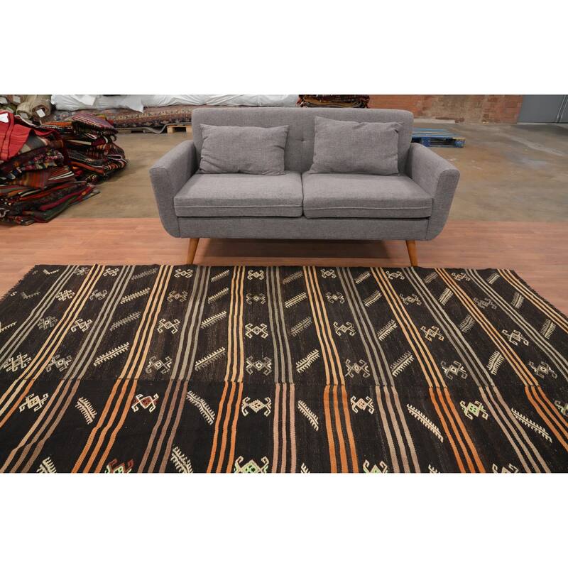 Hand Woven Oriental 100% Wool Carpet Southwestern Tribal Brown Kilim Area Rug - 9' 6'' X 6' 11''