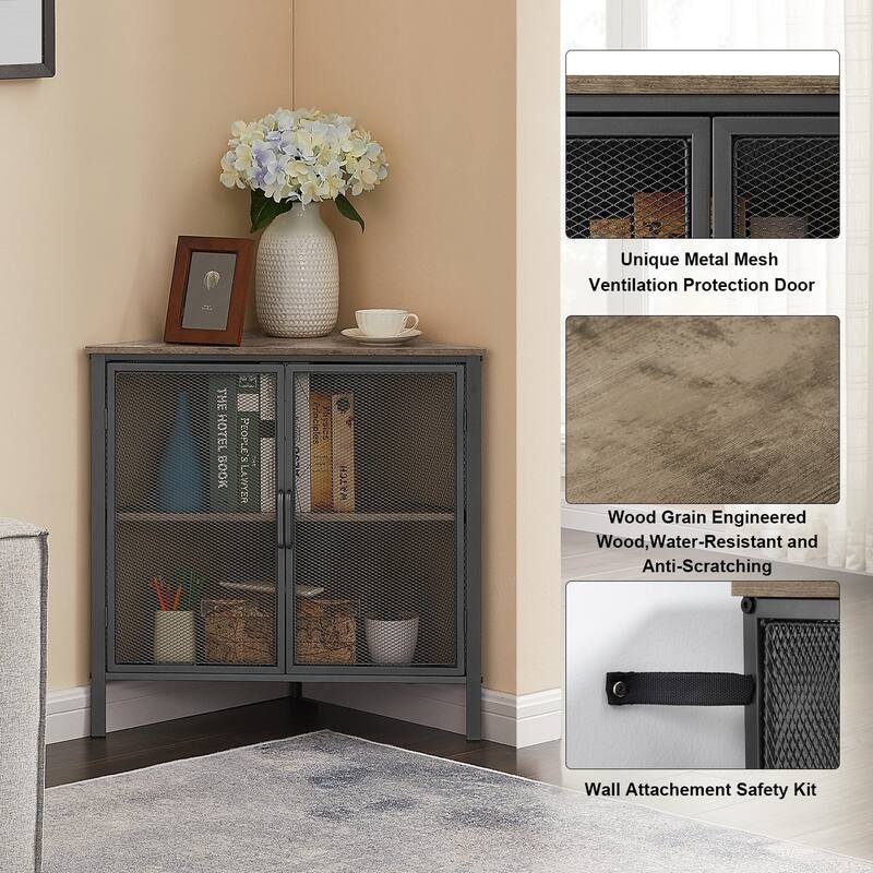 Javlergo Corner Table Modern Triangle 3-tier Storage Shelf with 2 Doors for Living Room Bedroom Office