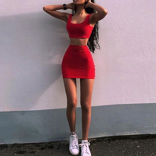 red two piece set skirt