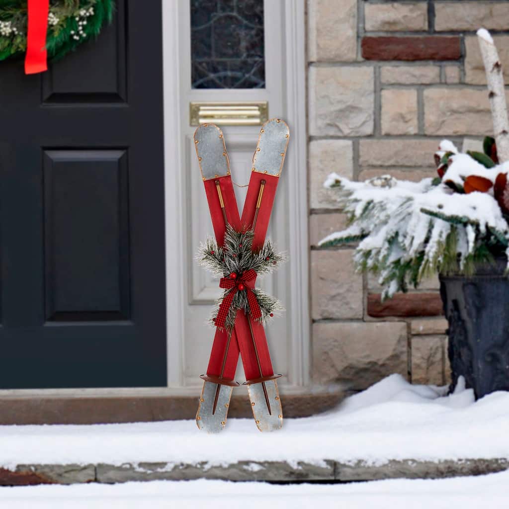 Glitzhome 35"H Christmas Wooden/Galvanized Ski Porch Decor