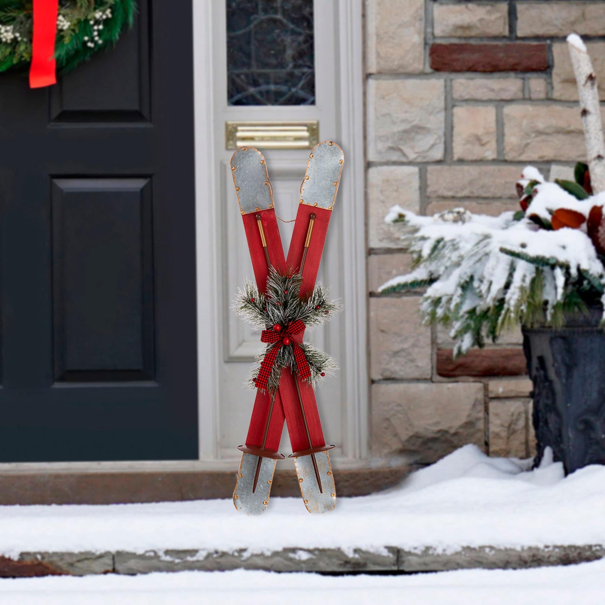 Glitzhome 35"H Christmas Wooden/Galvanized Ski Porch Decor