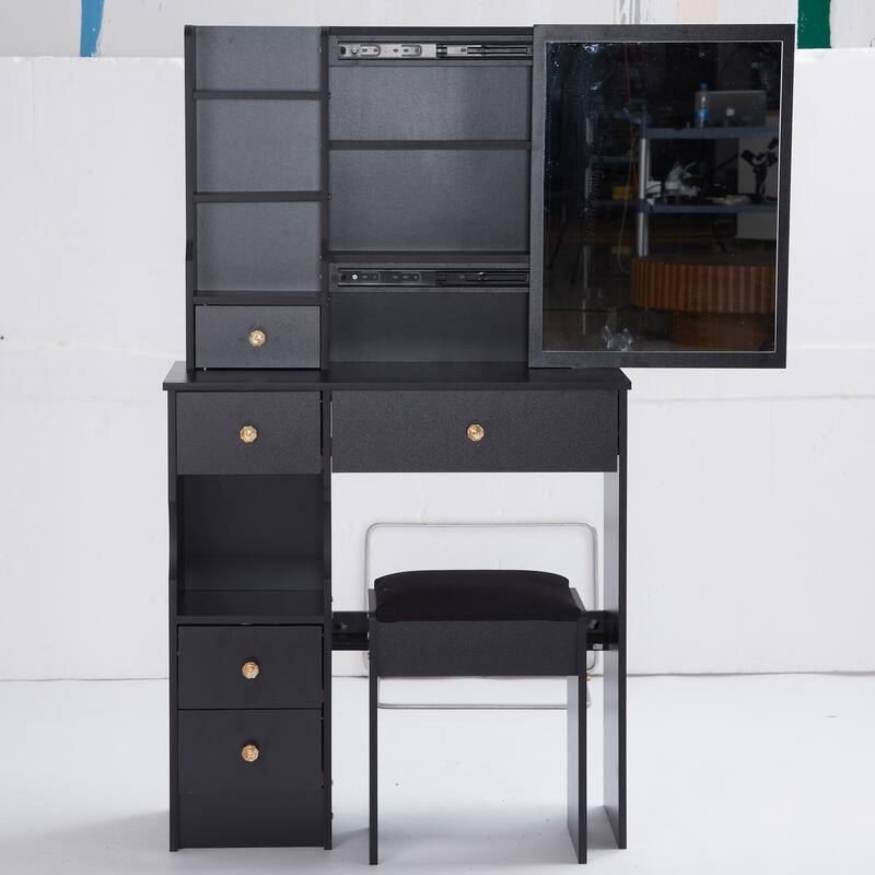 29.2" Small Space Left Drawer Desktop Vanity Table + Cushioned Stool, Extra Large Right sliding mirror - Black