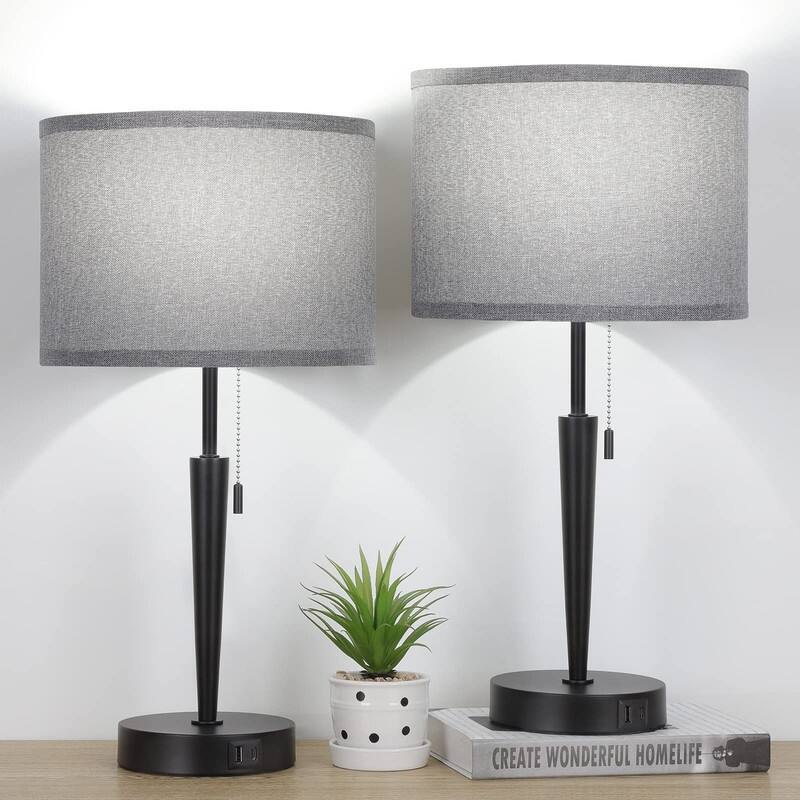 Set of 2 Bedside Table Lamp, Pull Chain Nightstand Lamps - E26 - Gray