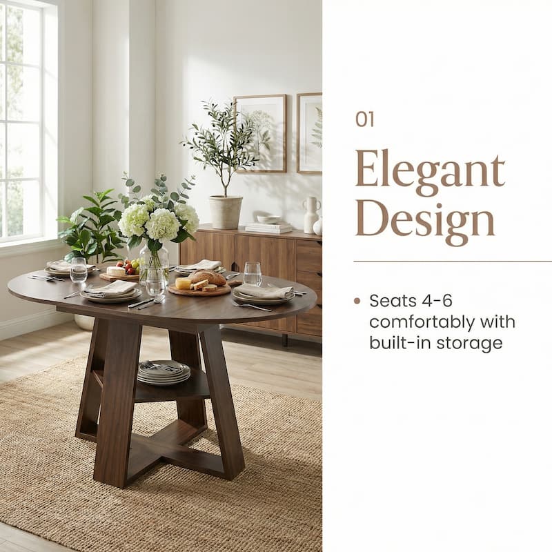 43.3in-59in Extendable Round Dining Table for 4-8, Oval Dining Table with Removable Leaves Space Saving with Storage Shelf