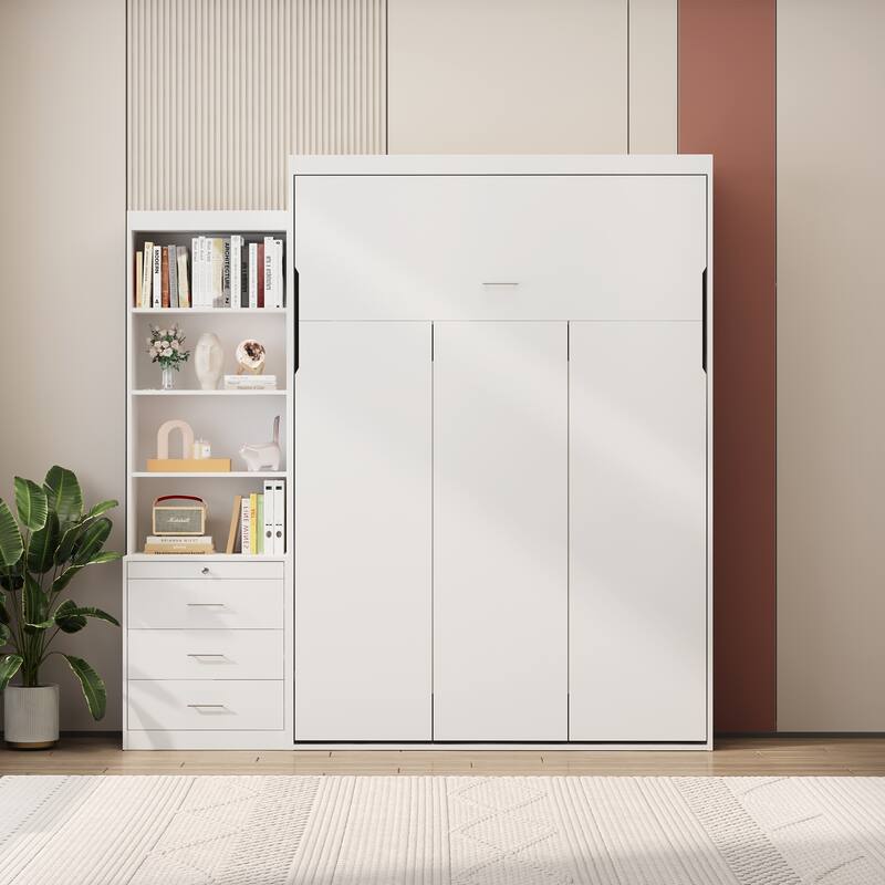 White Full Size Murphy Bed with Storage Shelves and Drawers - Vertical Wall Bed with Gas Struts