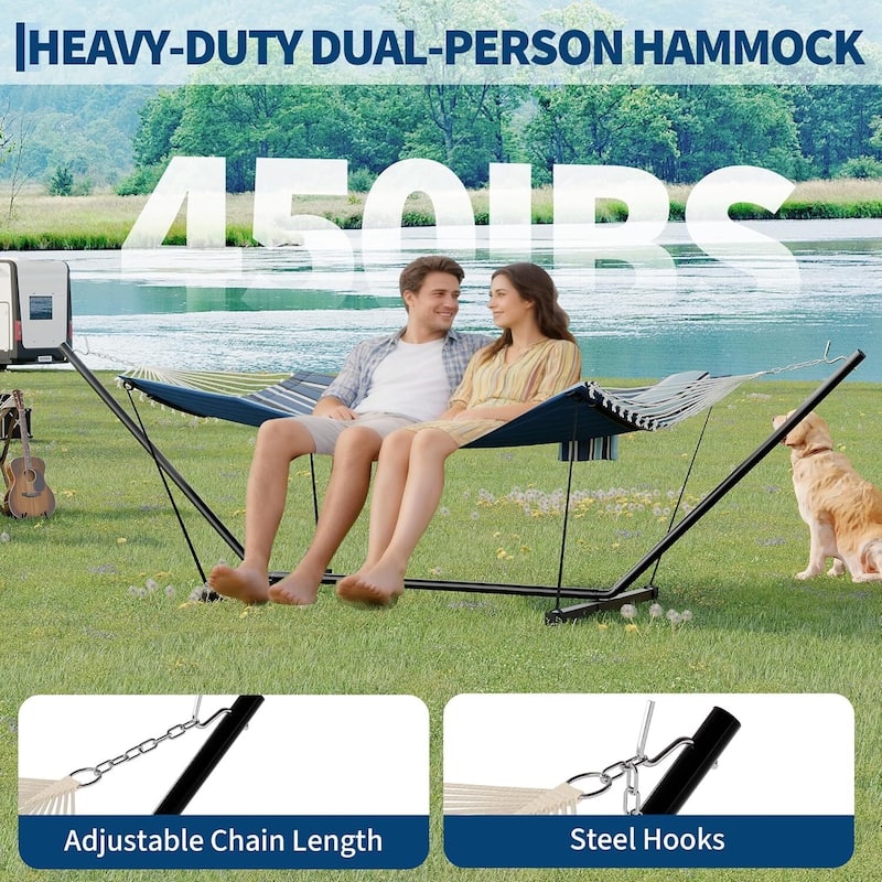 Portable Double Hammock with Stand for Outdoor Patio, Garden, Beach, Backyard, Max 450 Lbs Capacity