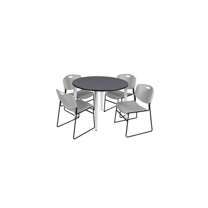 48 in. Round Breakroom Table- Grey Top, Chrome Base & 4 Stack Chairs- Grey