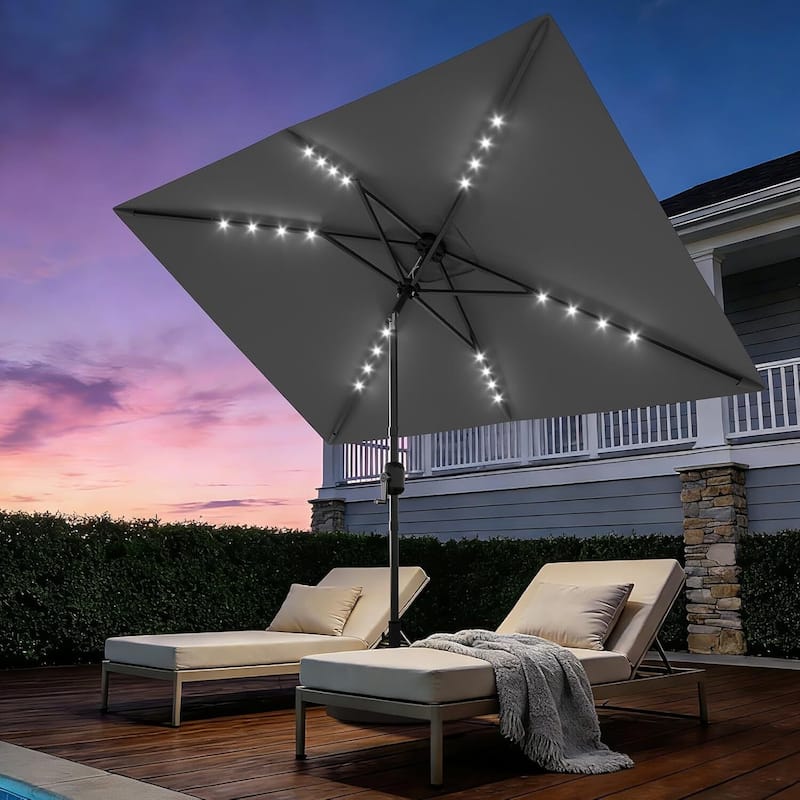 10' x 6.5' Solar Patio Umbrella with Crank and Push Button Tilt for Garden, Deck, Lawn, Pool with Lights (No Base) - Grey