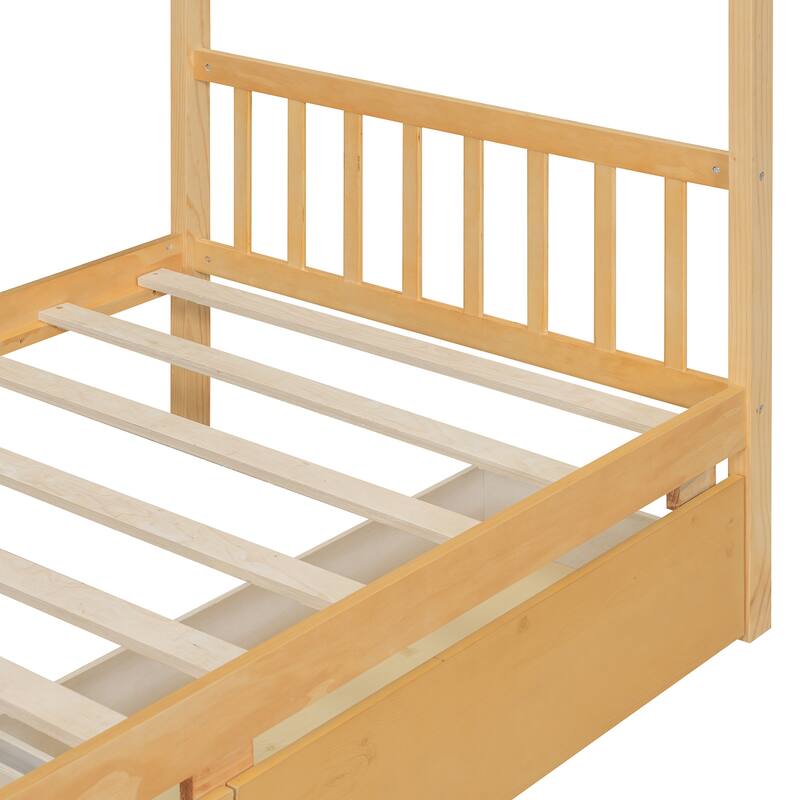 Twin Size Wooden House Bed with Drawers, Natural