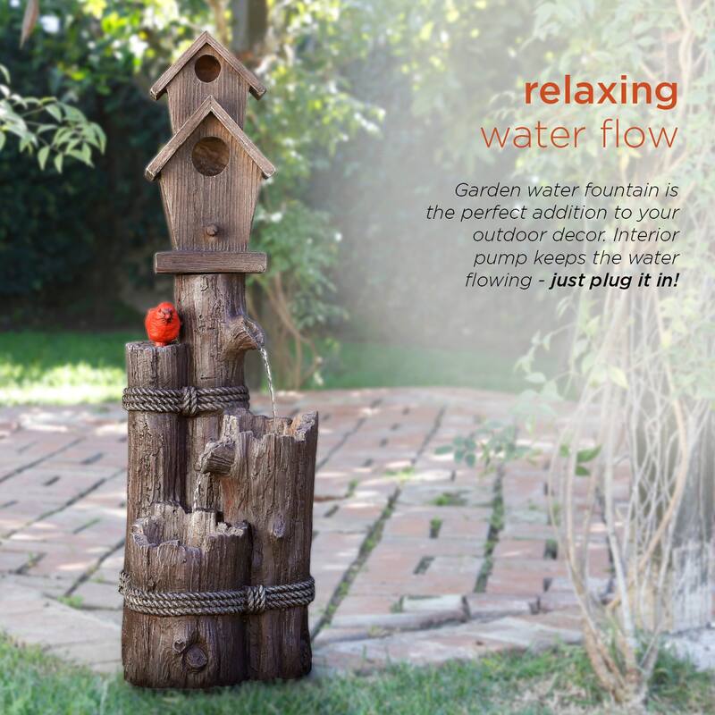 Alpine Corporation WCT2002 35" Brown Outdoor 3 Tier Birdhouse Water Fountain with Cardinal Sculptures