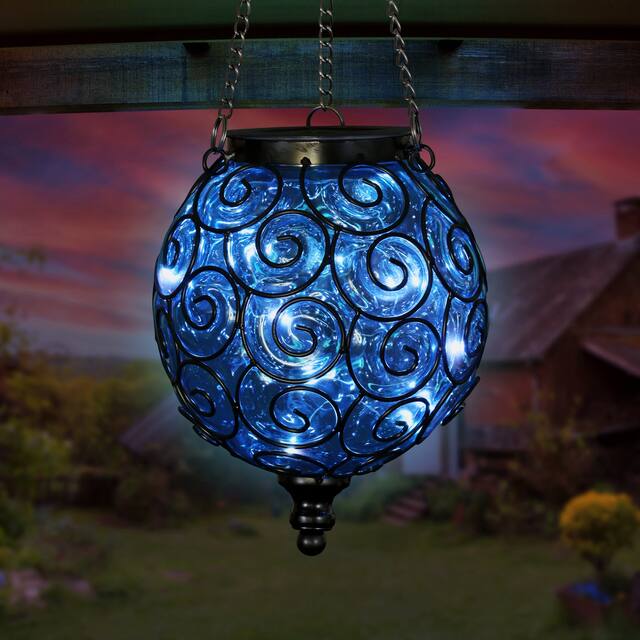Exhart Solar Round Glass and Metal Hanging Lantern with 15 LED Fairy Firefly String Lights, 7 by 21 Inches - Blue
