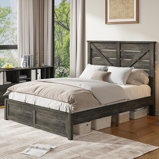 Queen Size Farmhouse Wooden Bed Frame with Barn Door Headboard ...