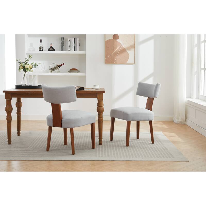 Linen Dining Chairs Set of 2, Armless Chairs with Curved Upholstered Backrest and Wooden Legs for Dining Room