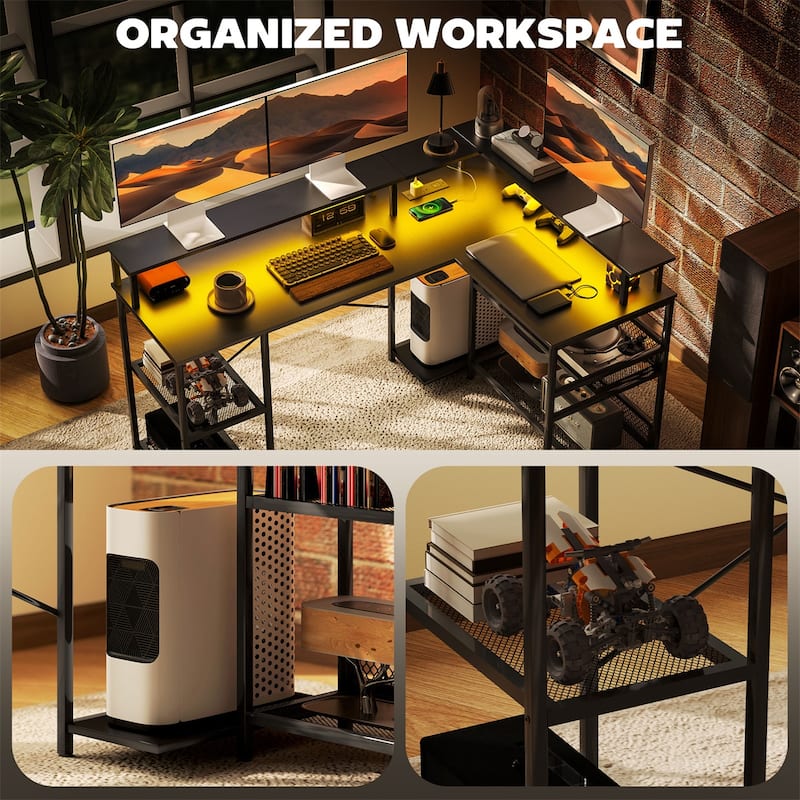 Shaped Desk with RGB LED Light USB Charging Ports Ergonomic Monitor Stands and Storage Shelves Sturdy Corner Office Workstation