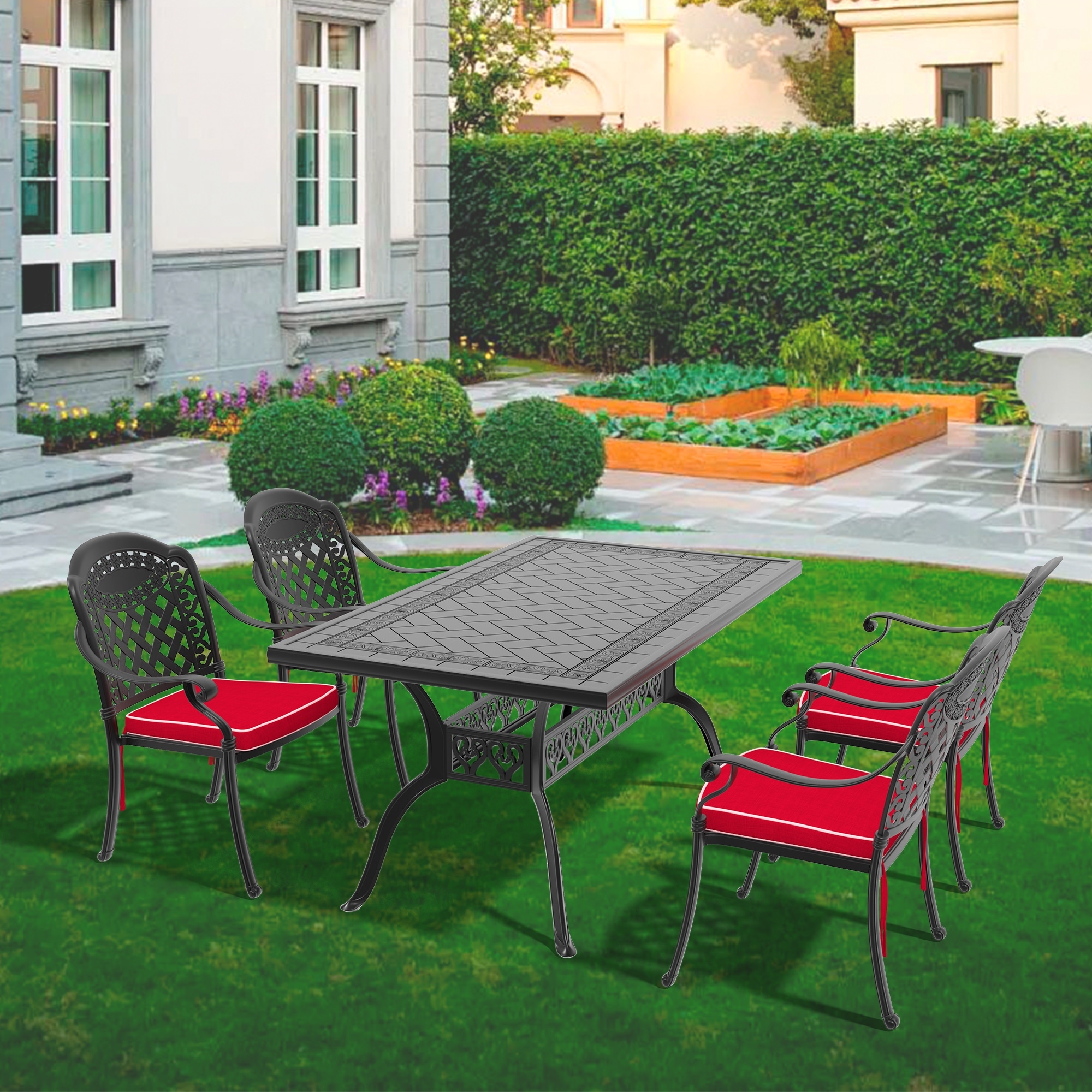 5-Piece Outdoor Dining Set, Cast Aluminum Rectangle Patio Table and Chairs, Black