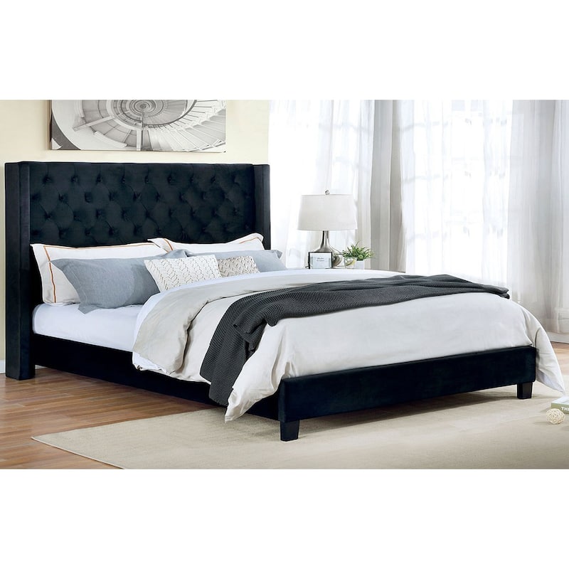 Velvet-like Fabric Upholstered Eastern King Bed with Wingback Headboard