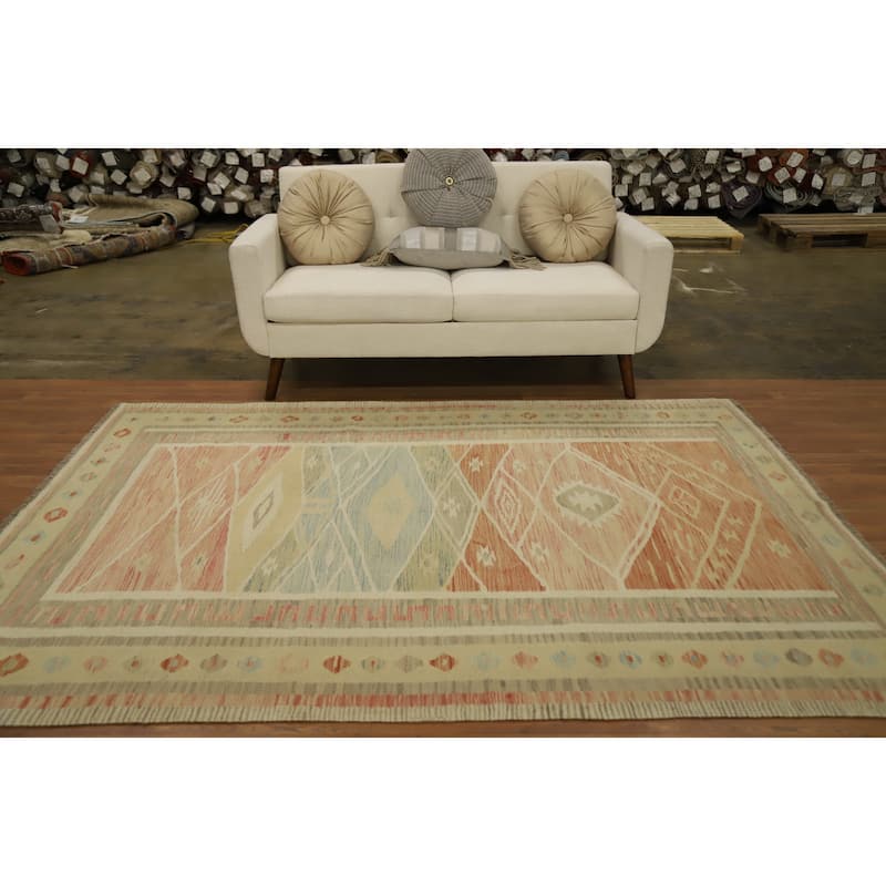 Hand Woven Oriental 100% Wool Carpet Southwestern Tribal Multi-Colored Kilim Area Rug - 7' 10'' X 5' 9''