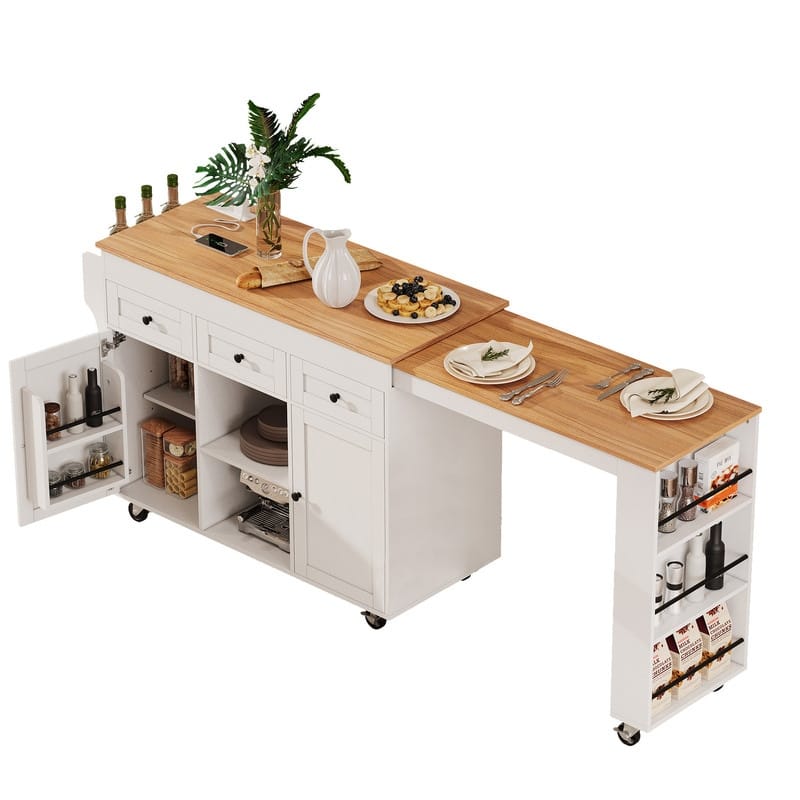 85.5" Kitchen Island with Extendable Dining Table, Rolling Kitchen Island with Sotrage Shelves, Drawers and Power Outlet