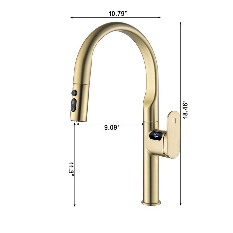 18''H 3-mode Temperature Display Kitchen Faucet with Pull Sown Sprayer in Black/Gold