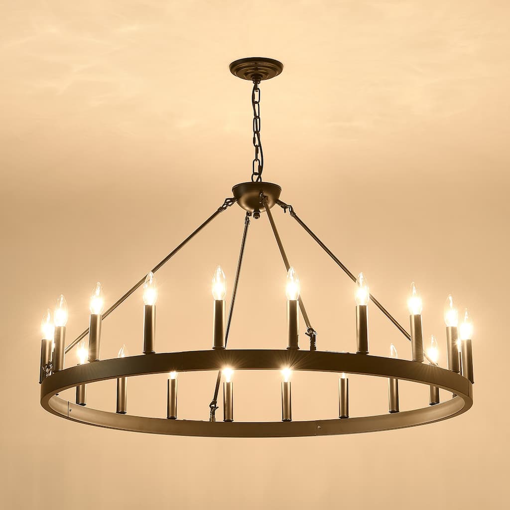 20-Light 39.4INCH Extra Large Wagon Wheel Chandelier, Black Farmhouse Round Wheel Chandelier Light Fixtures-E12